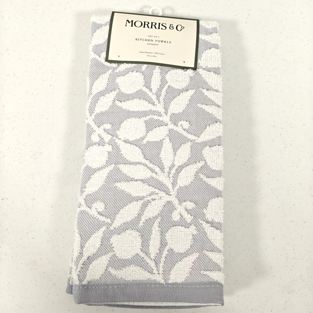 Morris & Co Rosehip Kitchen Towels Set of 2 Blue White Floral 100% Cotton 18x28